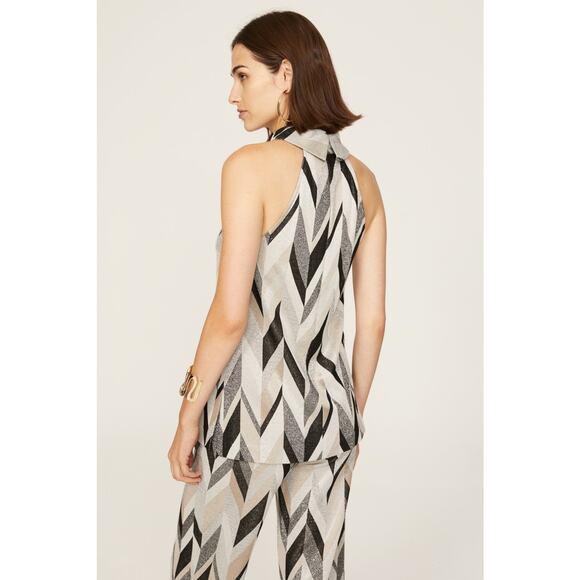 Trina Turk Jocular Geometric Chevron Silver Metallic Mock Neck Sleeveless Top XS - Picture 4 of 15